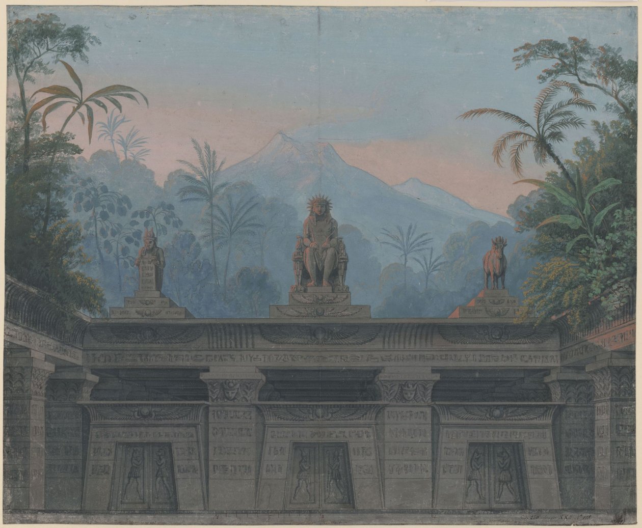 A varázsfuvola. Opera, szerző: Wolfgang Amadeus Mozart. A 4. díszlet vázlata. Sarastro templomának előudvara alkotó: Karl Friedrich Schinkel