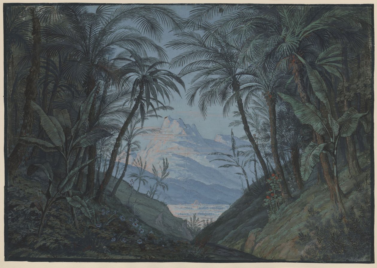 A varázsfuvola. Opera, szerző: Wolfgang Amadeus Mozart. Az 5. díszlet vázlata. Pálmaerdő, a papok gyülekezetének helyszíne alkotó: Karl Friedrich Schinkel