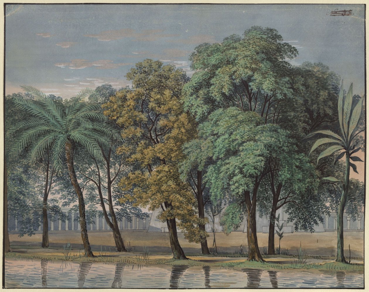 A varázsfuvola. Opera, szerző: Wolfgang Amadeus Mozart. A 6. díszlet vázlata. A próbatemplom előtere alkotó: Karl Friedrich Schinkel