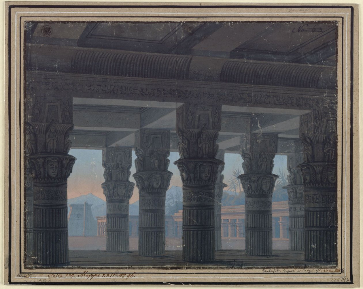 A varázsfuvola. Wolfgang Amadeus Mozart operája. Terv a 8. díszlethez. A labirintus előcsarnoka alkotó: Karl Friedrich Schinkel