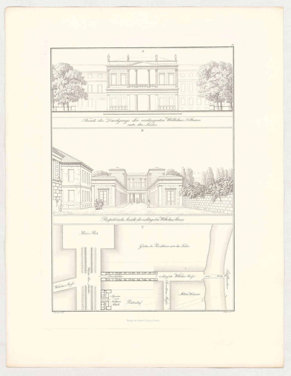 A meghosszabbított Wilhelmstraße, az „Építészeti tervek gyűjteménye” sorozat 19. lapja alkotó: Karl Friedrich Schinkel