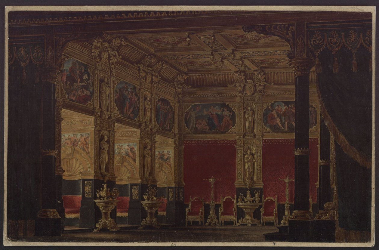 Don Carlos. Tragédia, szerző: Friedrich Schiller. Az 5. díszlet vázlata. Eboli hercegnő szalonja alkotó: Karl Friedrich Schinkel