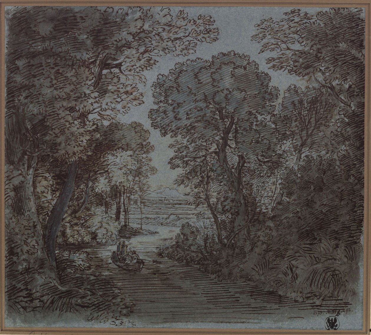 Egy folyó a fák alatt, kilátással a távoli hegyre alkotó: Karl Friedrich Schinkel