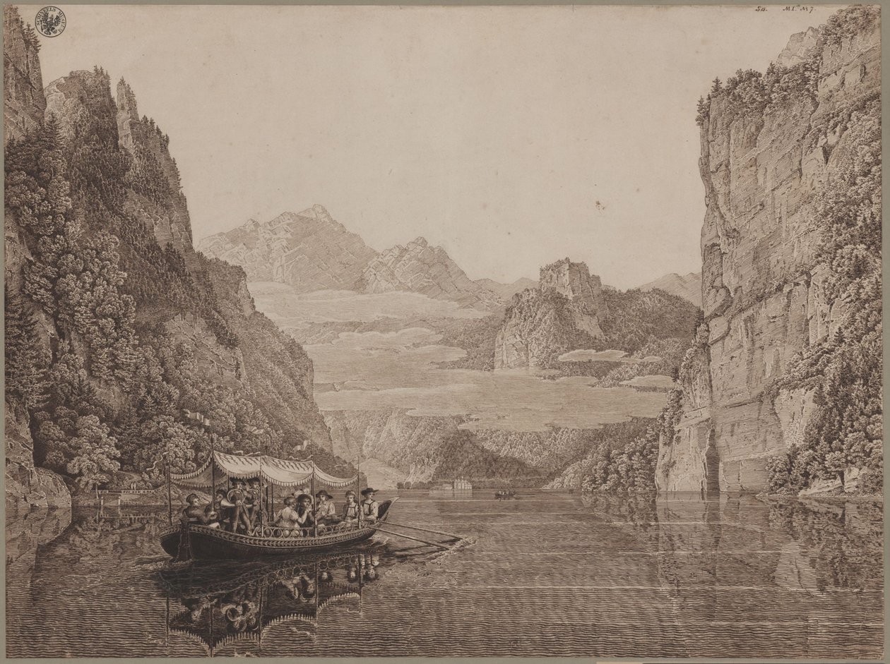 Hajókázás a Berchtesgaden melletti Königssee-tavon (Karl Friedrich Schinkel és felesége, Susanne Schinkel, születési neve Berger társaságában) alkotó: Karl Friedrich Schinkel