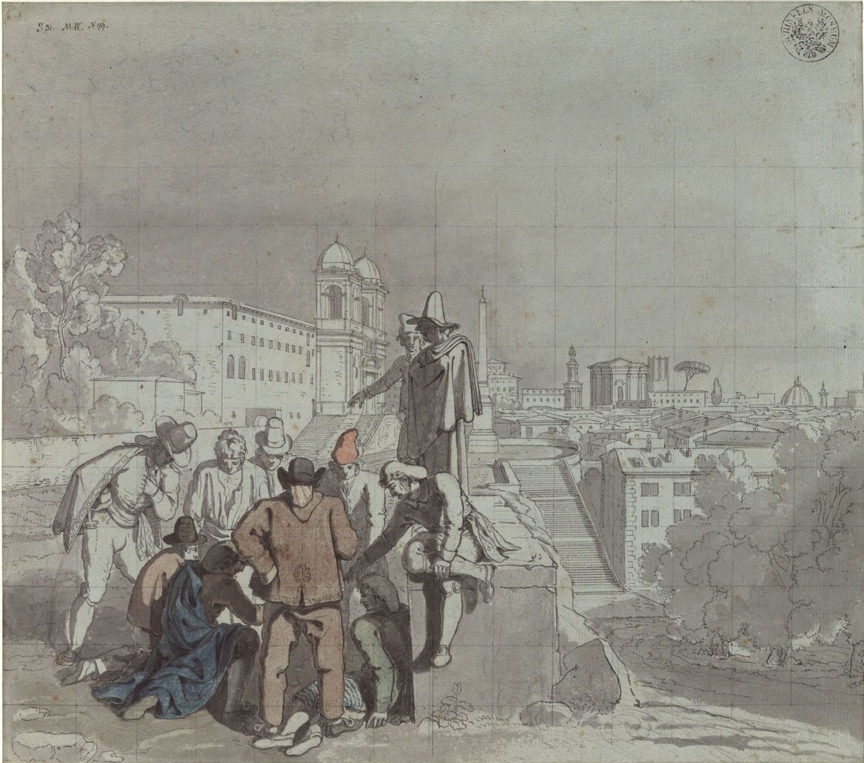 Játékosok csoportja a római Santa Trinità dei Monti-templommal a háttérben alkotó: Karl Friedrich Schinkel