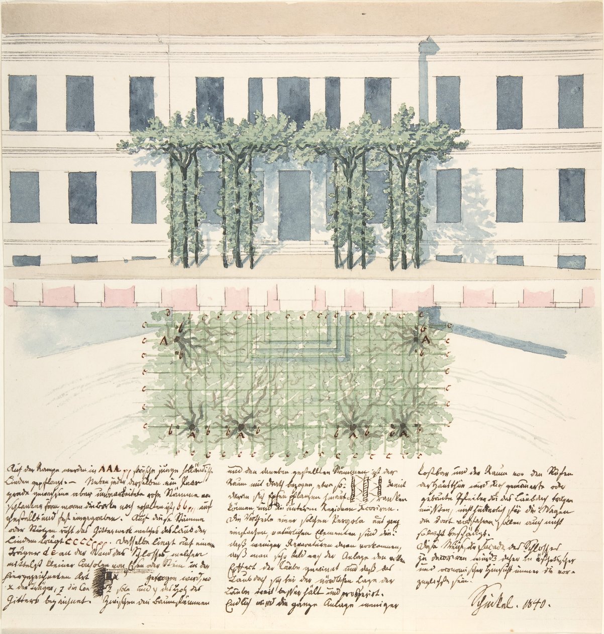 Egy épület homlokzatának domborzata és terve, 1840. alkotó: Karl Friedrich Schinkel