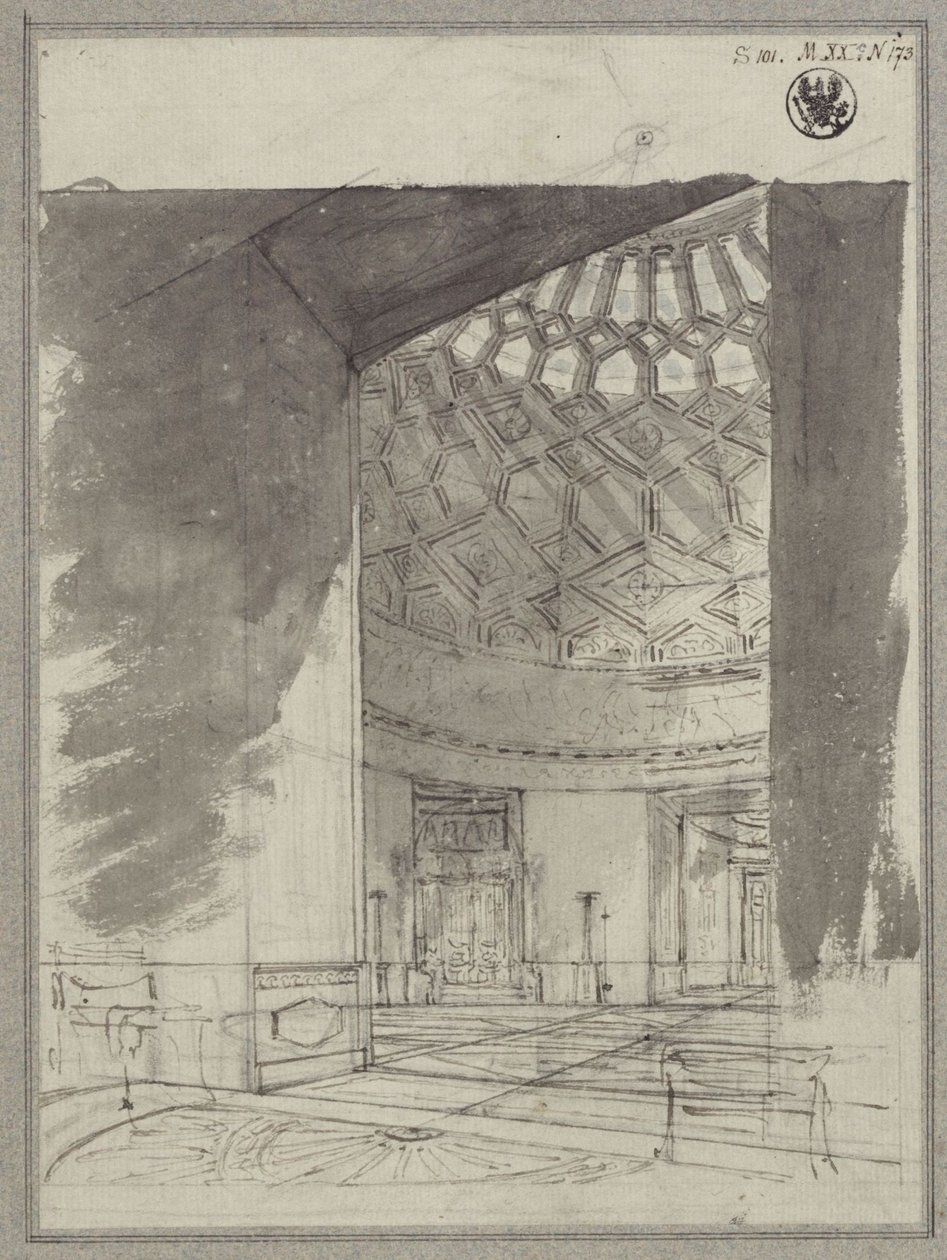Angol vidéki ház. Kilátás a kazettás mennyezetű kupolateremre alkotó: Karl Friedrich Schinkel
