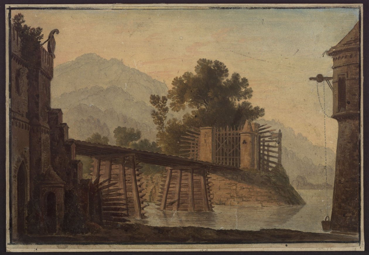 Faniska. Luigi Cherubini operája. A 3. díszlet vázlata. Híd egy tó felett alkotó: Karl Friedrich Schinkel