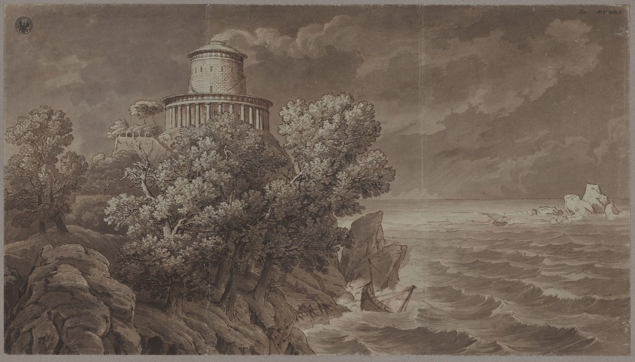Sziklás tengerpart antikizáló világítótoronnyal, háborgó tengeren alkotó: Karl Friedrich Schinkel