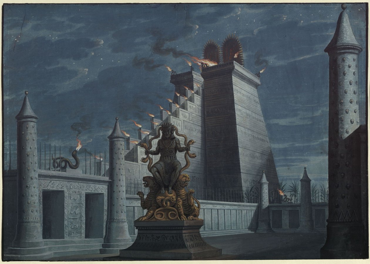 Fernand Cortez, avagy: Mexikó meghódítása. Gaspare Spontini operája. Az 1. díszlet vázlata. Indián tűztemplom alkotó: Karl Friedrich Schinkel