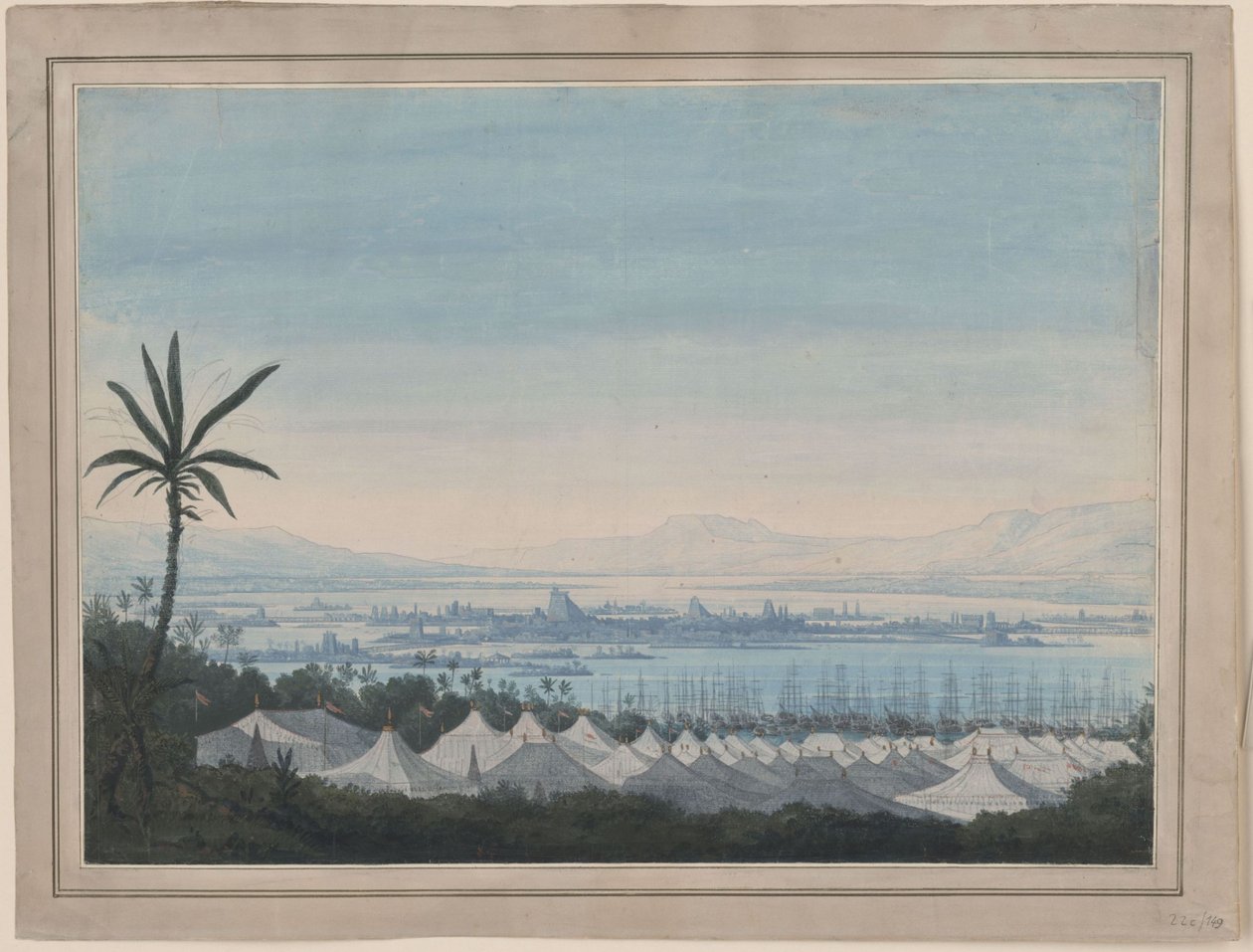 Fernand Cortez, avagy: Mexikó meghódítása. Gaspare Spontini operája. Terv a 2. díszlethez. Kilátás Mexikóvárosra és a spanyolok táborára alkotó: Karl Friedrich Schinkel