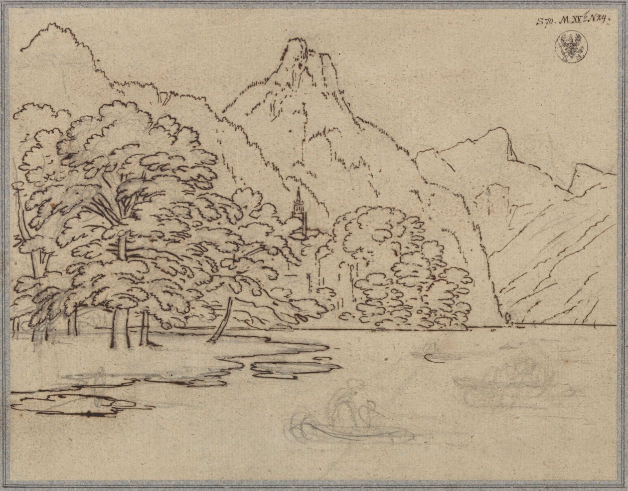 Hegyi táj tóval, valószínűleg a Traunsee a Kleiner Sonnstein-nal alkotó: Karl Friedrich Schinkel
