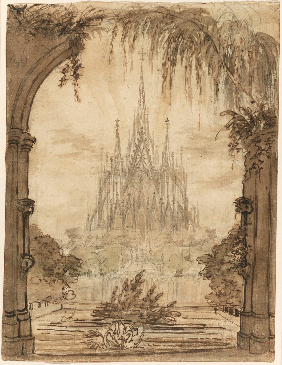 Gótikus katedrális egy tó mögött hattyúkkal alkotó: Karl Friedrich Schinkel