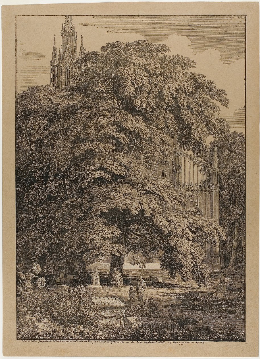 Gótikus templom egy tölgyes mögött sírokkal alkotó: Karl Friedrich Schinkel