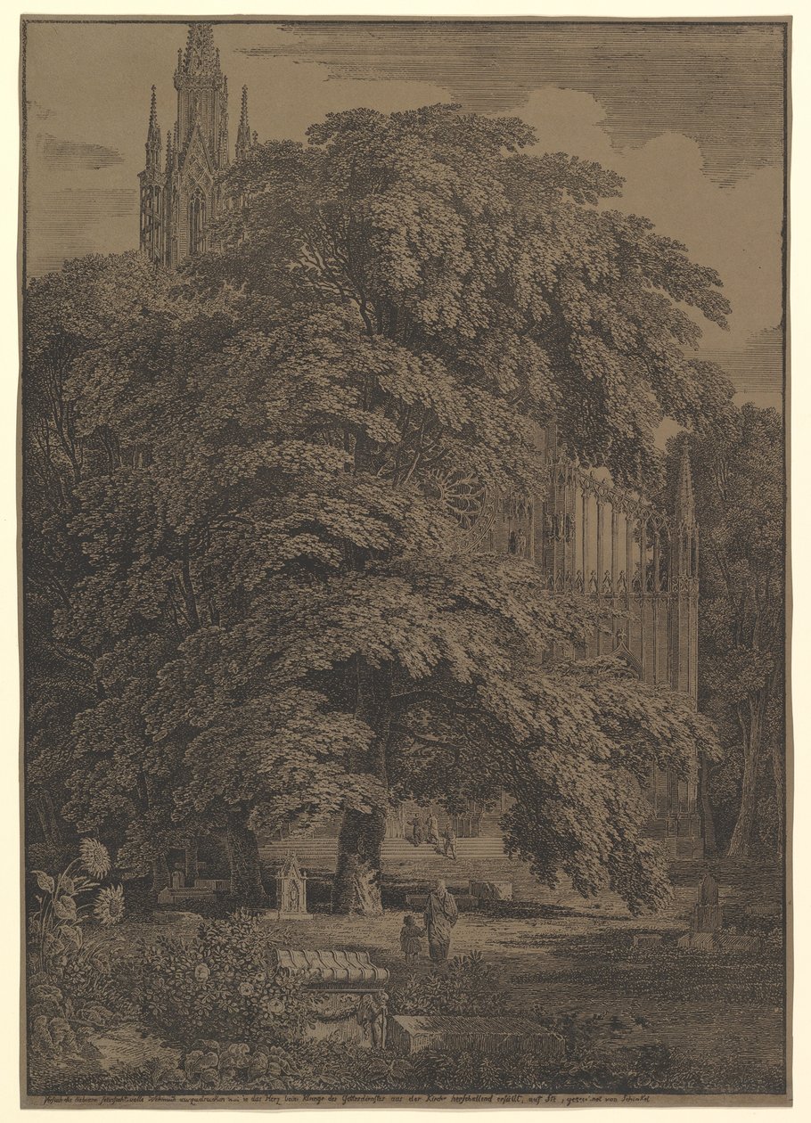 Gótikus templom egy fa mellett, 1810. alkotó: Karl Friedrich Schinkel