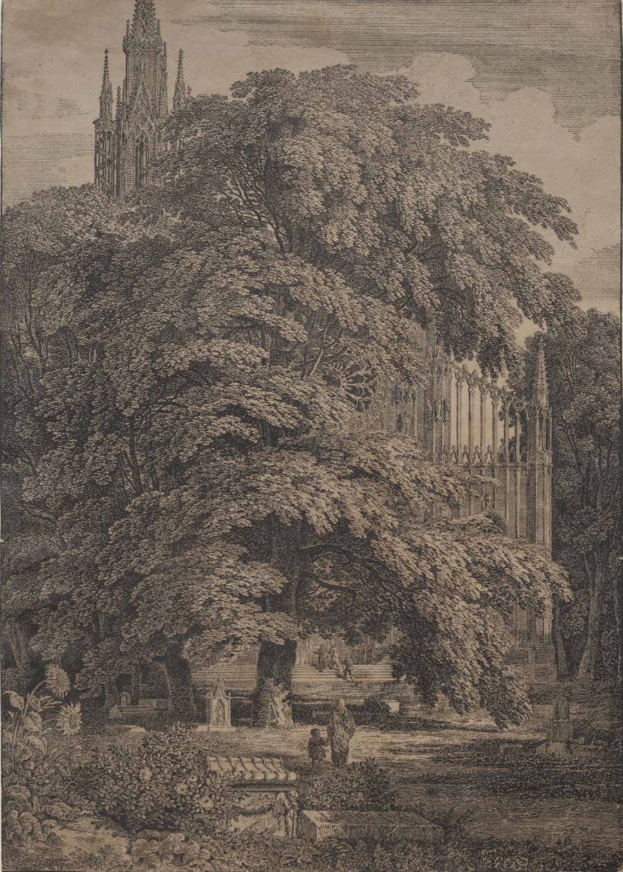 Gótikus templom tölgyek között, 1810. alkotó: Karl Friedrich Schinkel
