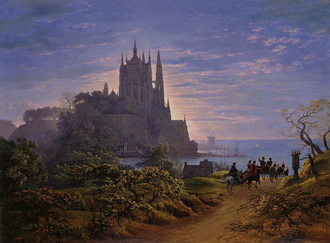Gótikus templom egy sziklán a tenger mellett alkotó: Karl Friedrich Schinkel