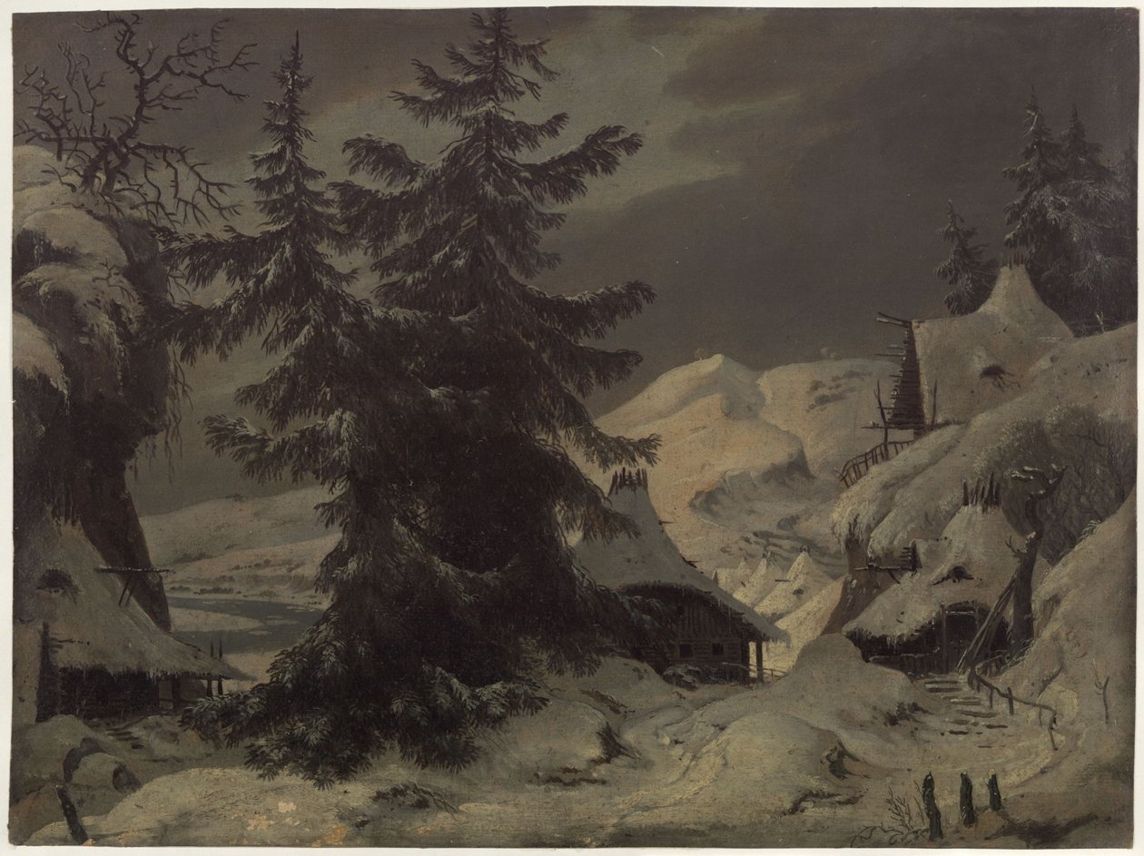 Benjowski gróf, avagy az összeesküvés Kamcsatkán. Színmű August von Kotzebue-tól. A 2. díszlet vázlata. Falu havas tájjal alkotó: Karl Friedrich Schinkel