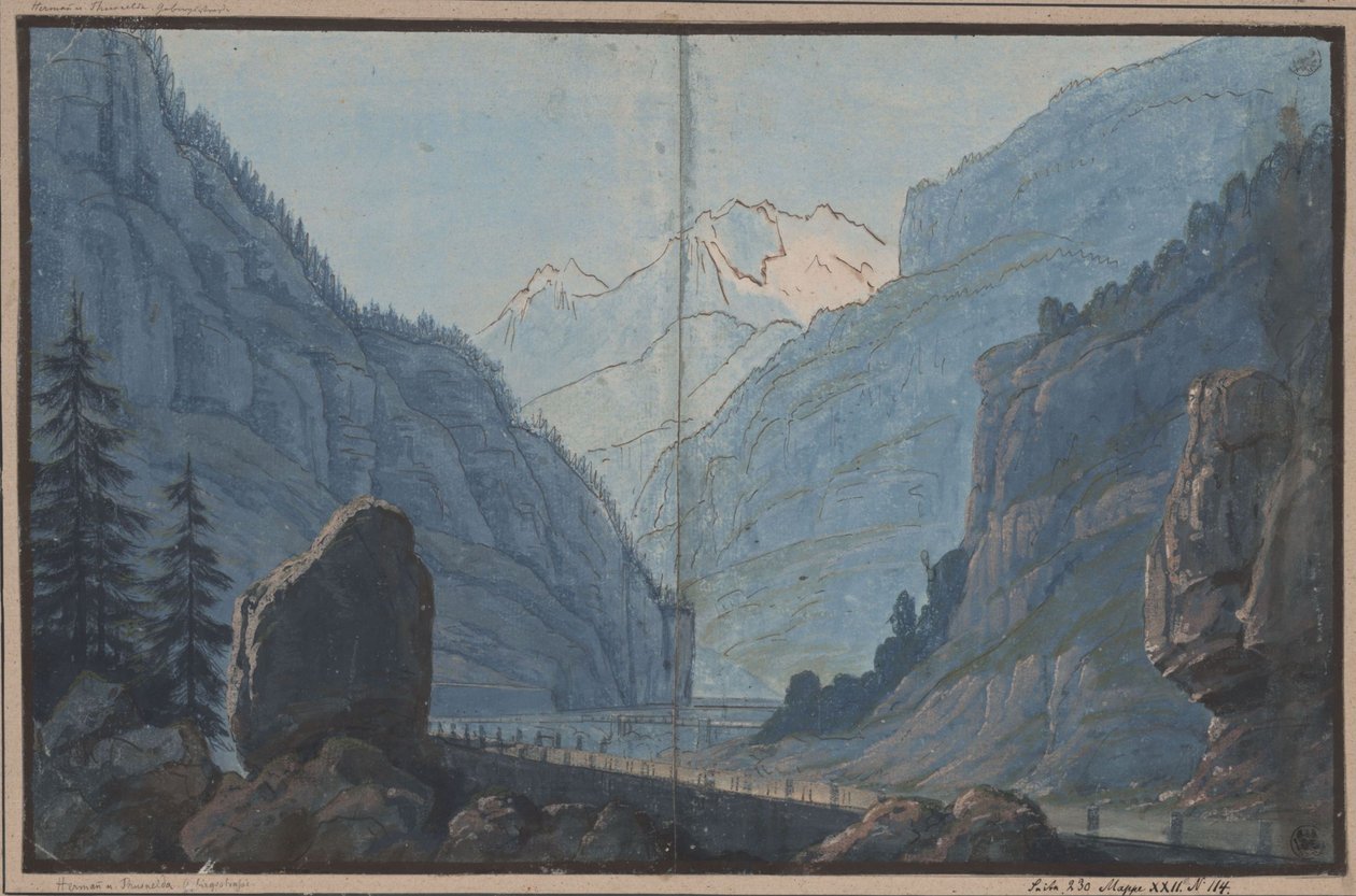 Herrmann és Thusnelda. August von Kotzebue színműve. Terv az 5. díszlethez. Hegyi út alkotó: Karl Friedrich Schinkel