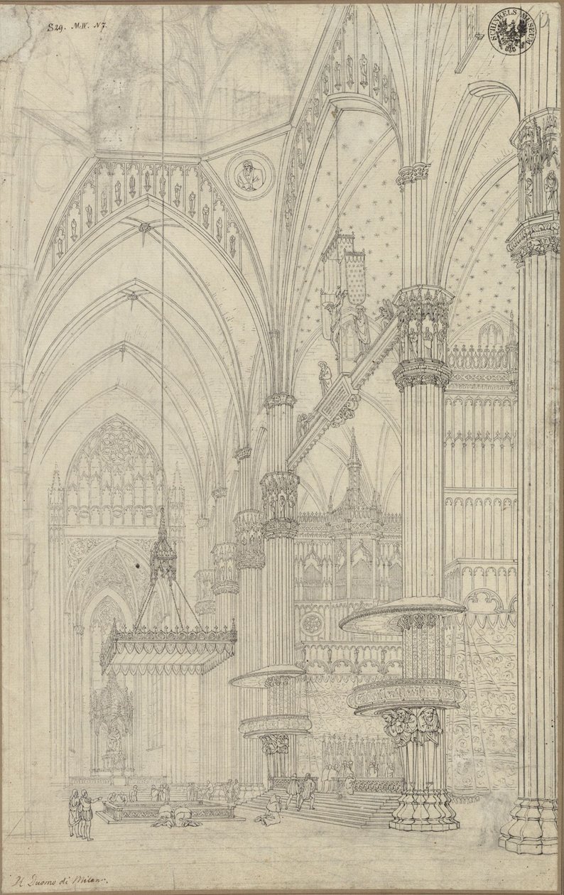 „A milánói dóm kereszthajójának belső nézete” / Kilátás a négyezetre és a milánói dóm északi kereszthajójára alkotó: Karl Friedrich Schinkel