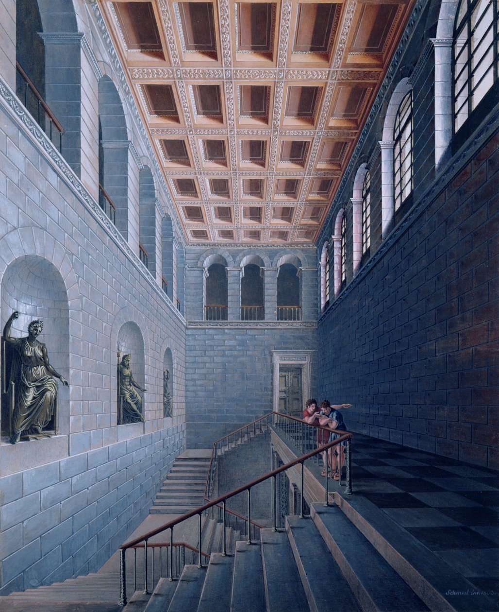 Egy lépcsőház belső képe, egy koestritzi kastély terve, 1802-03 (toll és tinta, valamint papíron) alkotó: Karl Friedrich Schinkel