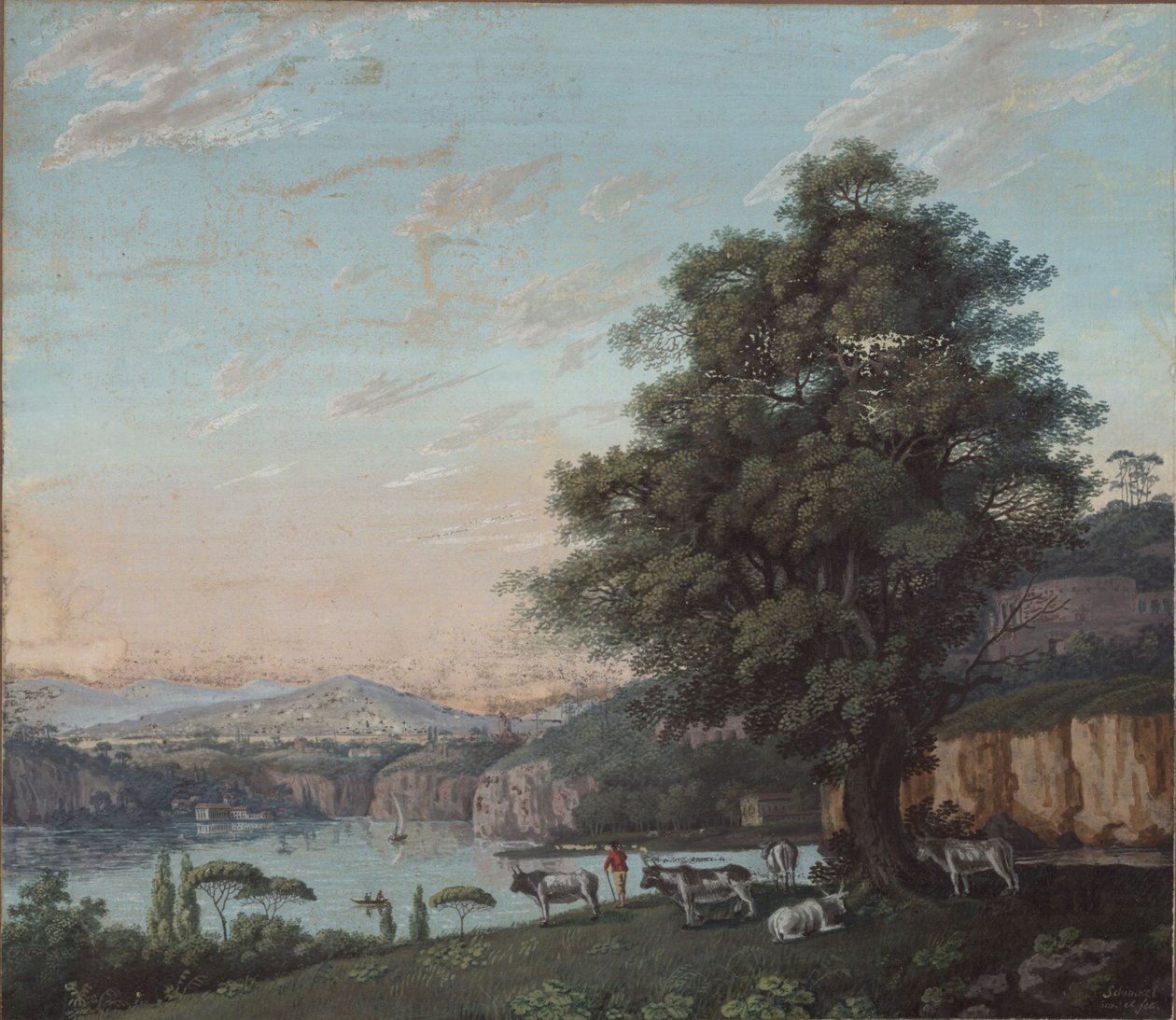 Itáliai ideáltáj fával, nyájjal és hegyekkel alkotó: Karl Friedrich Schinkel
