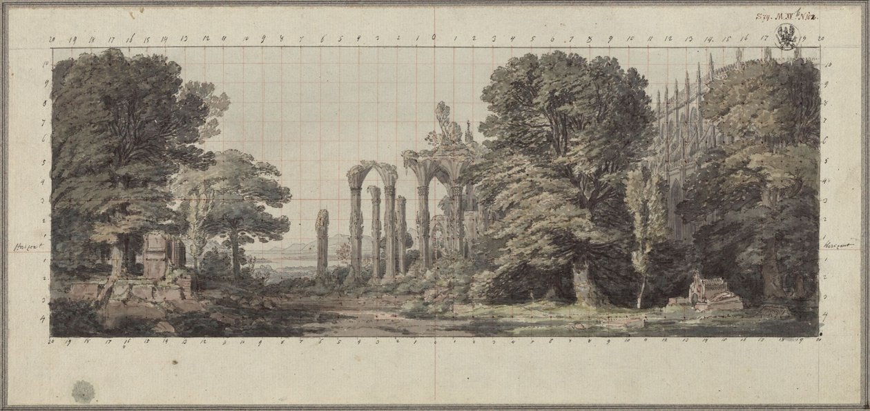 Templom és egy gótikus kolostor romjai a fák alatt alkotó: Karl Friedrich Schinkel