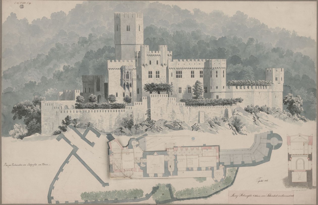 Koblenz. A Stolzenfels-rom. A felső szint alaprajza és homlokzati rajza alkotó: Karl Friedrich Schinkel