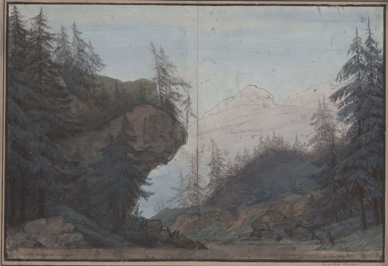 Yngurd király. Tragédia, szerző: Adolf Müllner. A 3. díszlet vázlata. Erdős táj alkotó: Karl Friedrich Schinkel