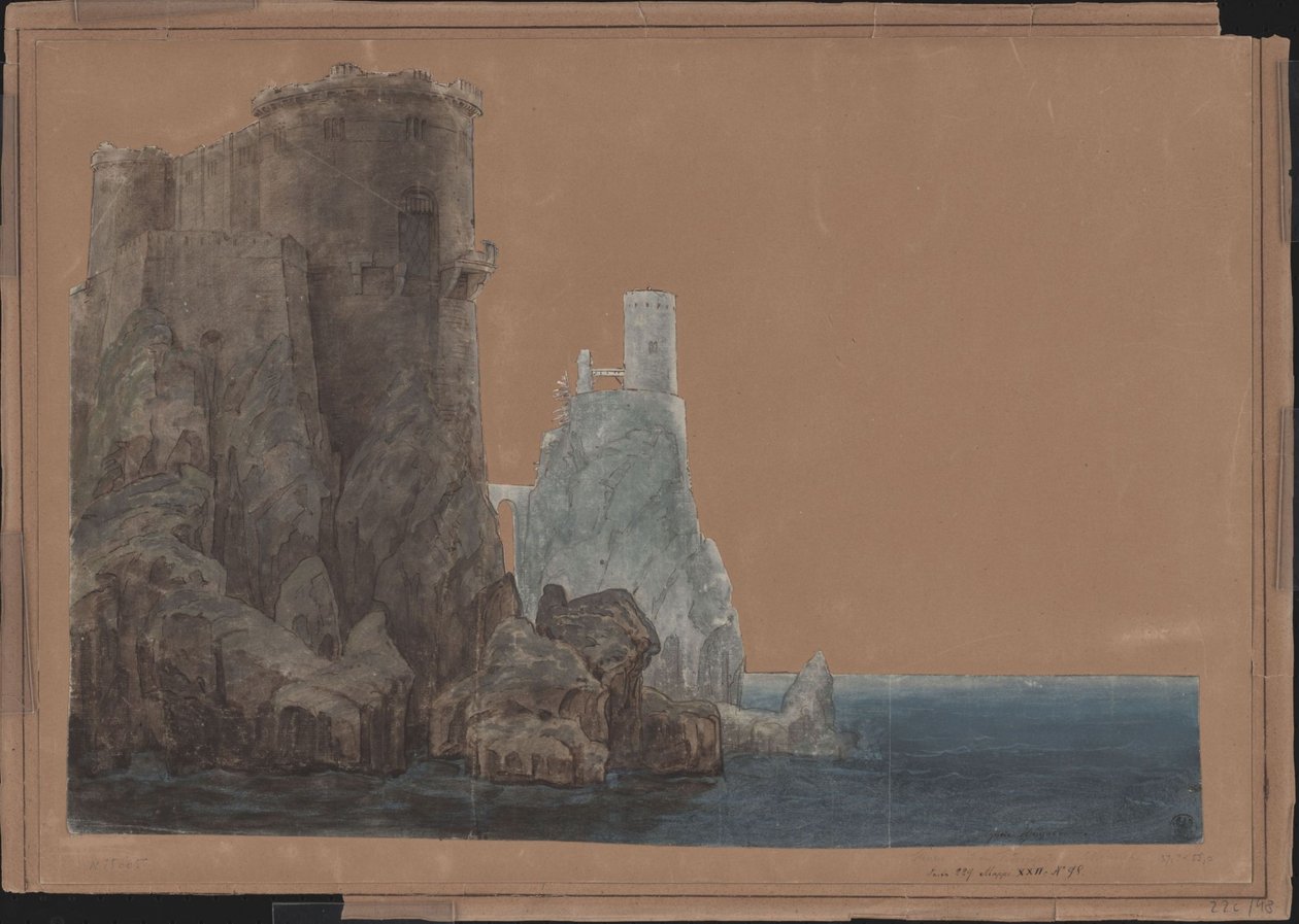 Yngurd király. Adolf Müllner tragédiája. Terv a 4. díszlethez. Torony a Halál kapujával a tenger mellett alkotó: Karl Friedrich Schinkel