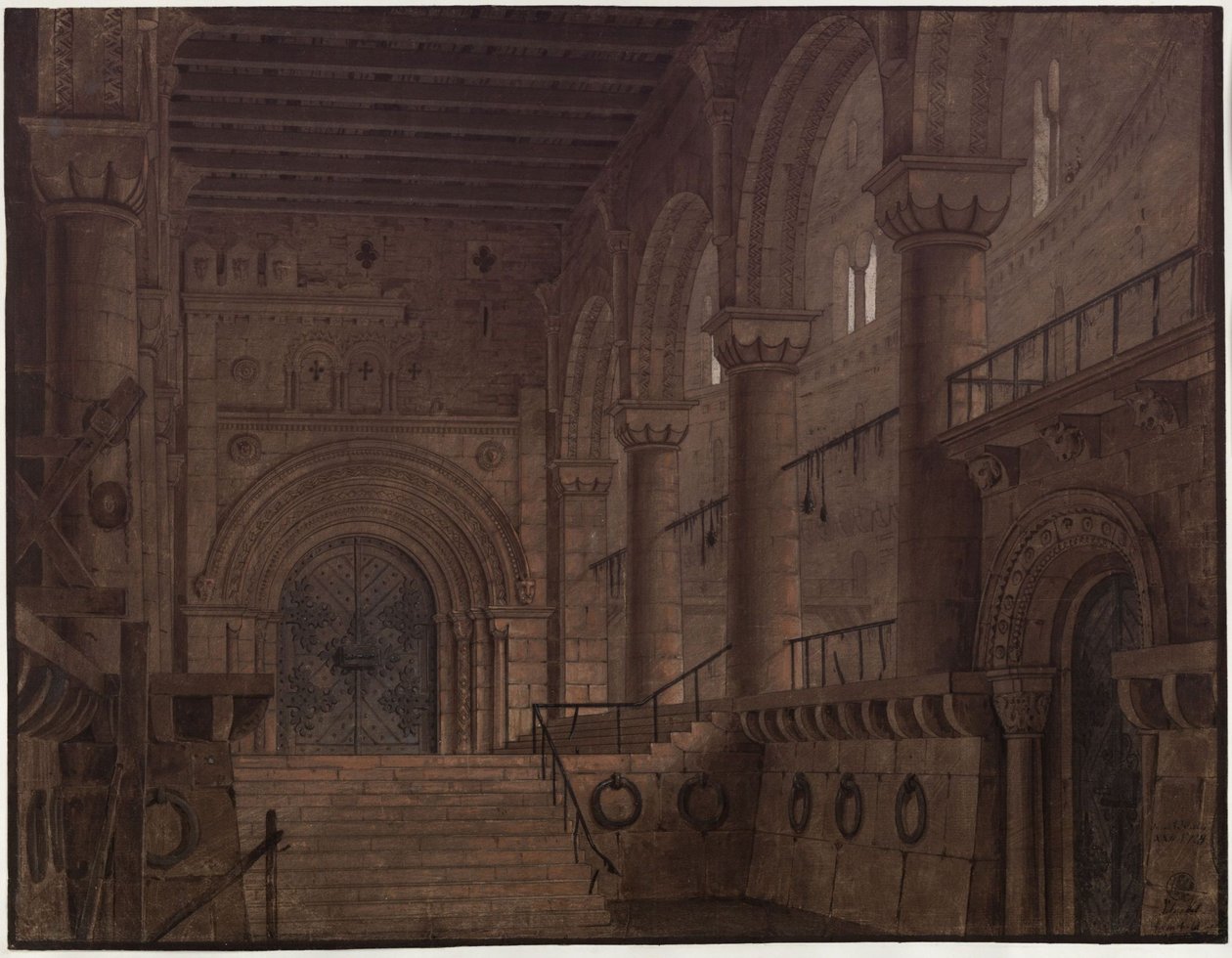 Yngurd király. Tragédia, szerző: Adolf Müllner. Az 5. díszlet vázlata. A torony terme a Halál Kapujával alkotó: Karl Friedrich Schinkel