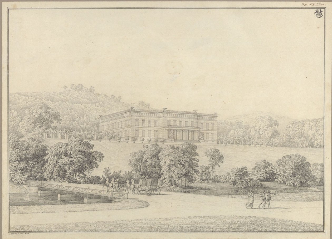 Kressendorf (Krzeszowice) Krakkó közelében. Kastély. Perspektivikus látkép alkotó: Karl Friedrich Schinkel