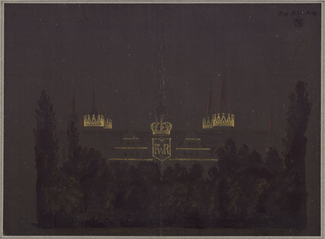 Merseburg. Kastély. A kastély kivilágításának terve III. Frigyes Vilmos porosz király tiszteletére rendezett ünnepségek alkalmából alkotó: Karl Friedrich Schinkel