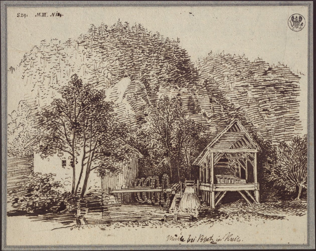 Malom Popetz közelében, Krajnában / Malom Podpeč falu közelében, Krajnában alkotó: Karl Friedrich Schinkel