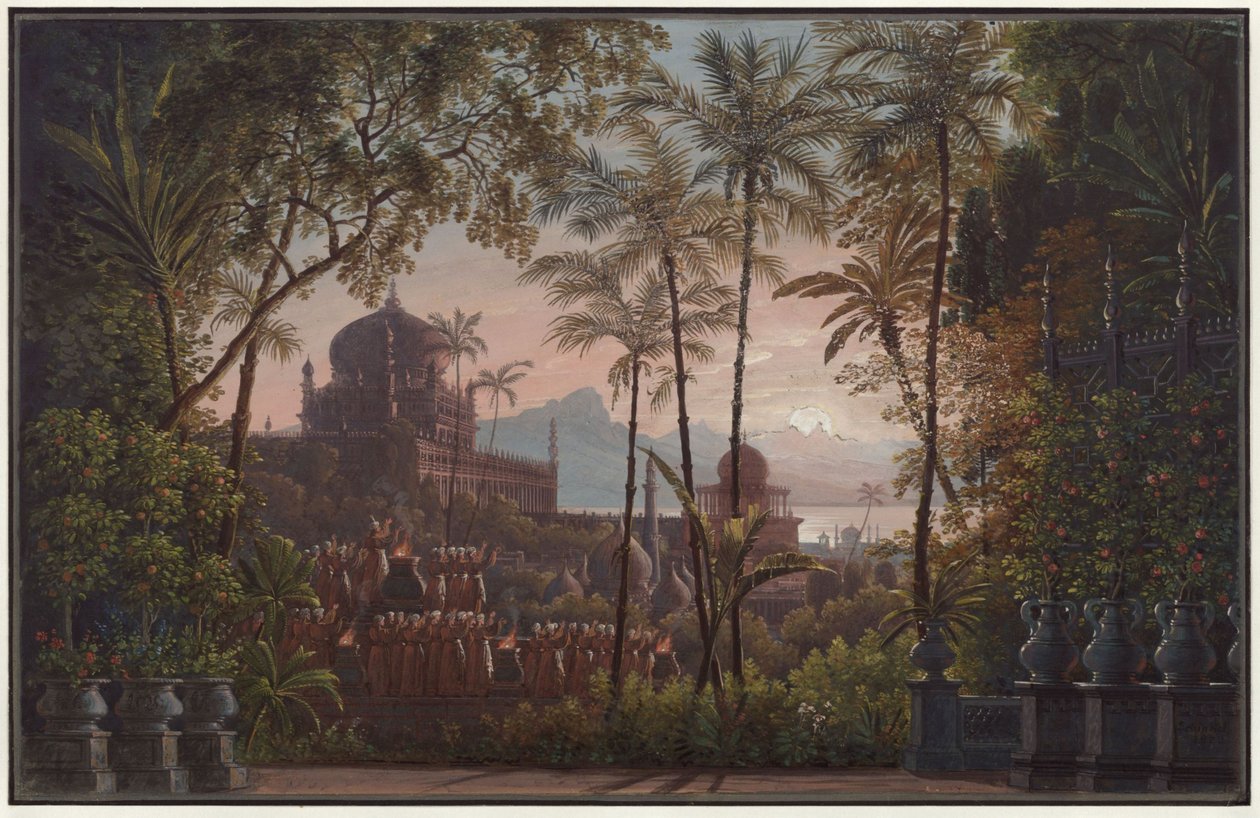 Nurmahal, avagy a kasmíri rózsafesztivál. Gaspare Spontini operája. Az 1. díszlet vázlata. A palota kertje, kilátással Kasmírra alkotó: Karl Friedrich Schinkel