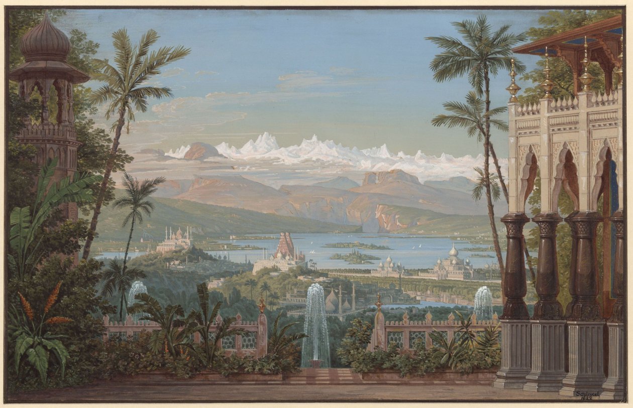 Nurmahal, avagy a kasmíri rózsafesztivál. Gaspare Spontini operája. A 2. díszlet vázlata. Kerti terasz, kilátással a kasmíri völgyre alkotó: Karl Friedrich Schinkel