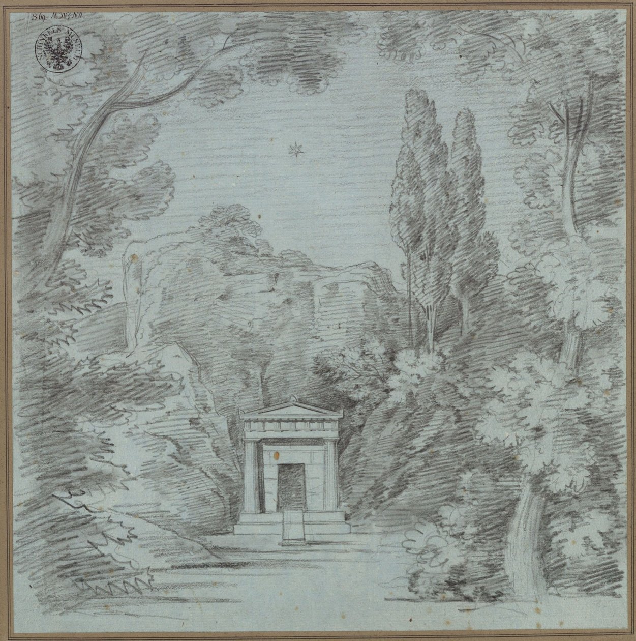Orpheus és Eurydike. Operett Christoph Willibald Gluck szerzeménye. Az 1. díszlet vázlata (). Egy sziklán álló mauzóleum vázlata alkotó: Karl Friedrich Schinkel