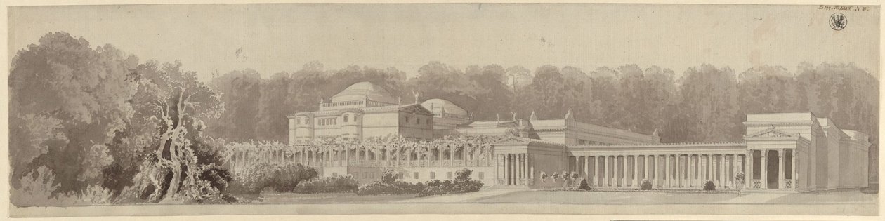 Potsdam-Sanssouci. Régi vidéki ház a Charlottenhof-kastély közelében. Északkeleti irányból készült perspektívikus felvétel alkotó: Karl Friedrich Schinkel