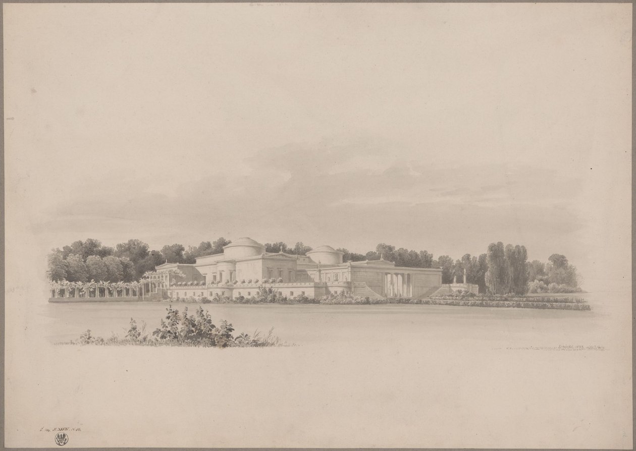 Potsdam-Sanssouci. Régi vidéki ház a Charlottenhof-kastély közelében. Északkeleti irányból készült perspektívikus felvétel alkotó: Karl Friedrich Schinkel