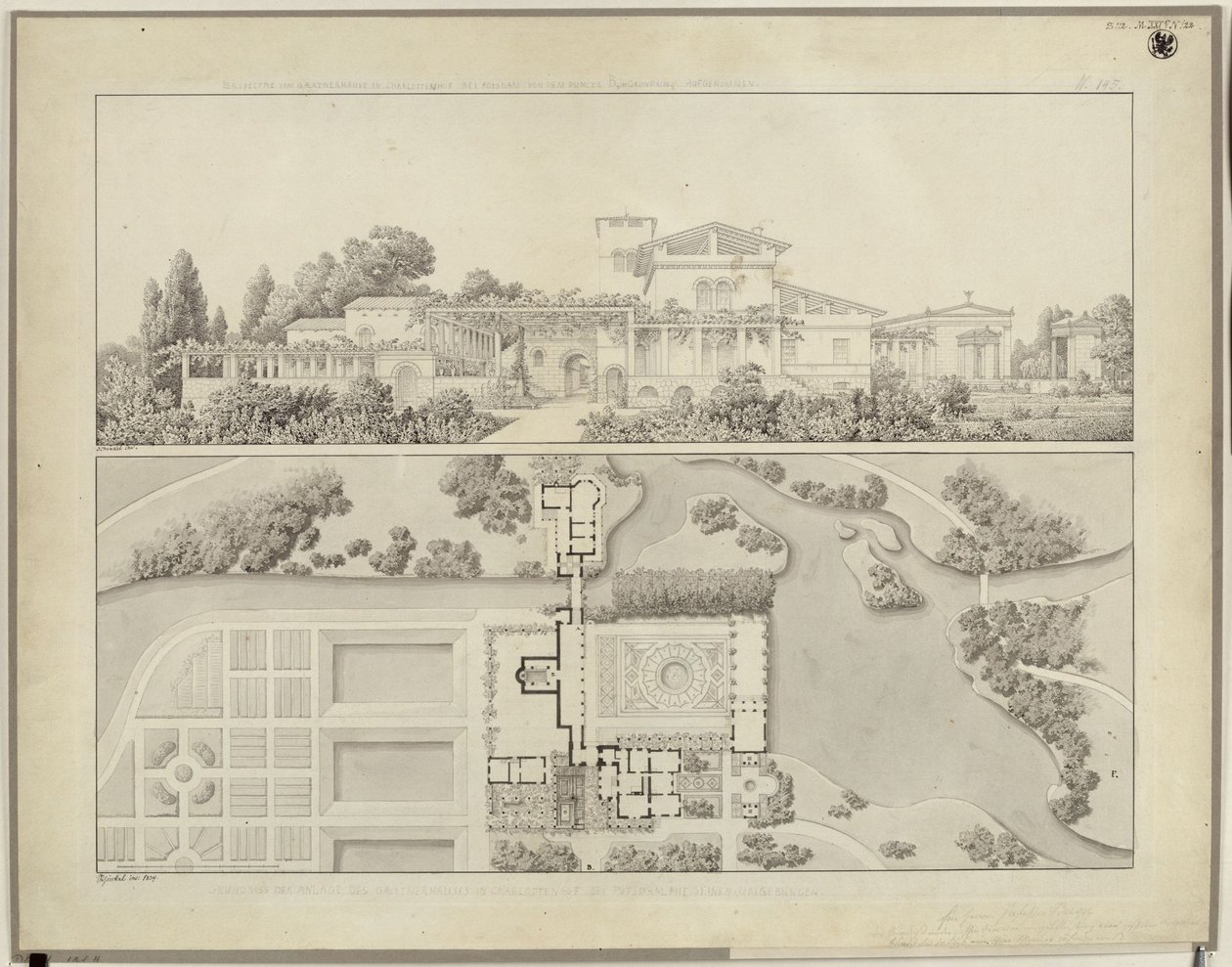 Potsdam-Sanssouci. Római fürdők a Charlottenhof kastély mellett. Nyugati nézet és a kertész házának alaprajza alkotó: Karl Friedrich Schinkel
