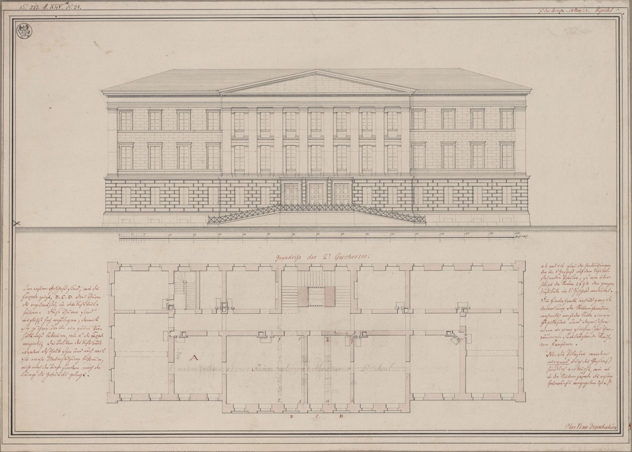 Ratibor (Racibórz). A fellebbviteli bíróság terve. Homlokzatrajz és alaprajz alkotó: Karl Friedrich Schinkel