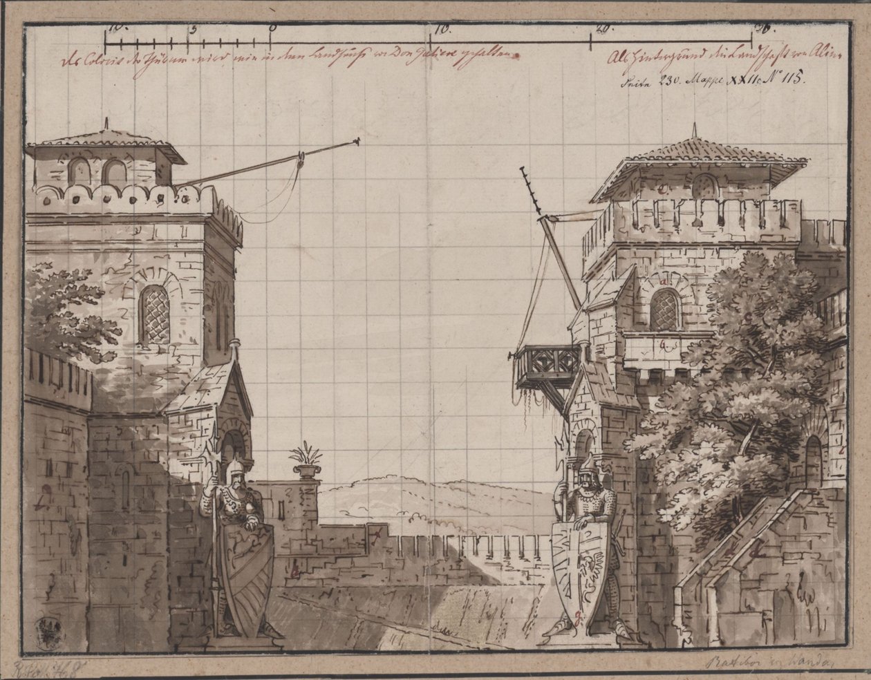 Ratibor és Wanda. Színmű, szerző: Jakob Andreas Konrad Levezow. A 3. díszlet vázlata. Erőd, kilátással a hegyekre alkotó: Karl Friedrich Schinkel