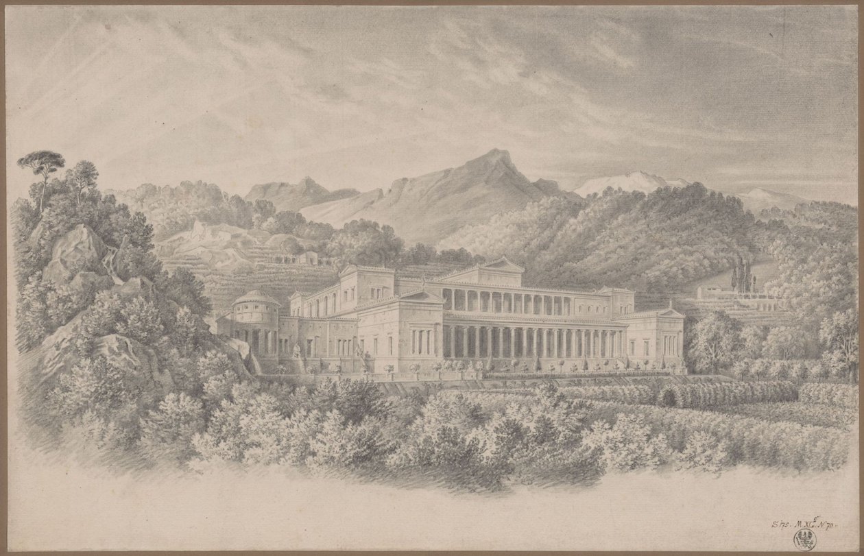 A Villa Tusca rekonstrukciója Plinius leírása alapján. Perspektívikus ábrázolás alkotó: Karl Friedrich Schinkel