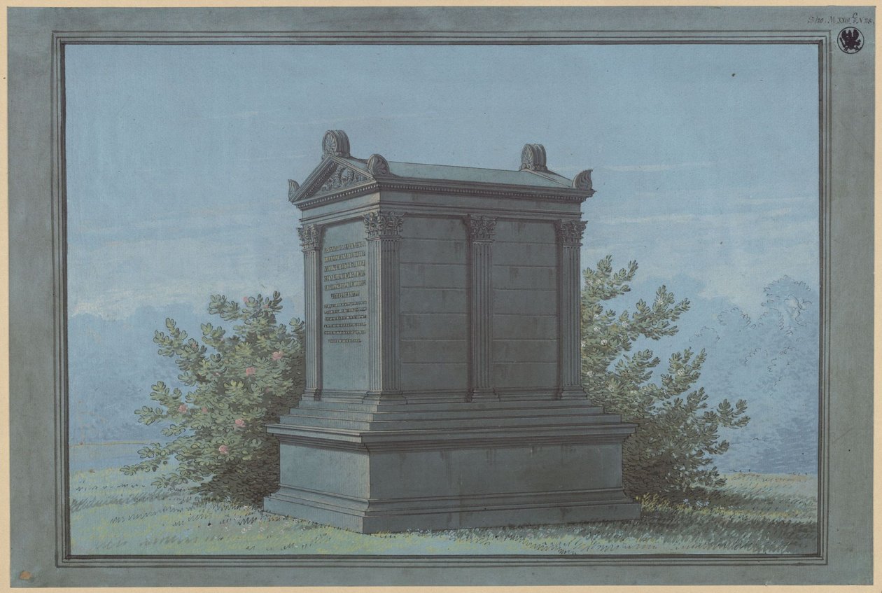 Templom alakú szarkofág - Belchau (Białochowo), egykori Graudenz körzet (Powiat Grudziądzki), Marienwerder közigazgatási kerület (Województwo Kujawsko-Pomorskie). A Klinggräf síremlék terve kis templom formájában, korinthoszi falpillérekrel alkotó: Karl Friedrich Schinkel