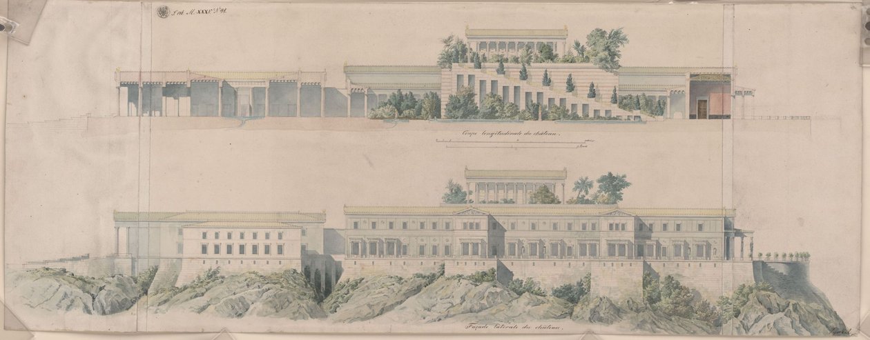 Orianda kastélya a Krímben. Antik terv. Hosszmetszet, oldalnézet alkotó: Karl Friedrich Schinkel