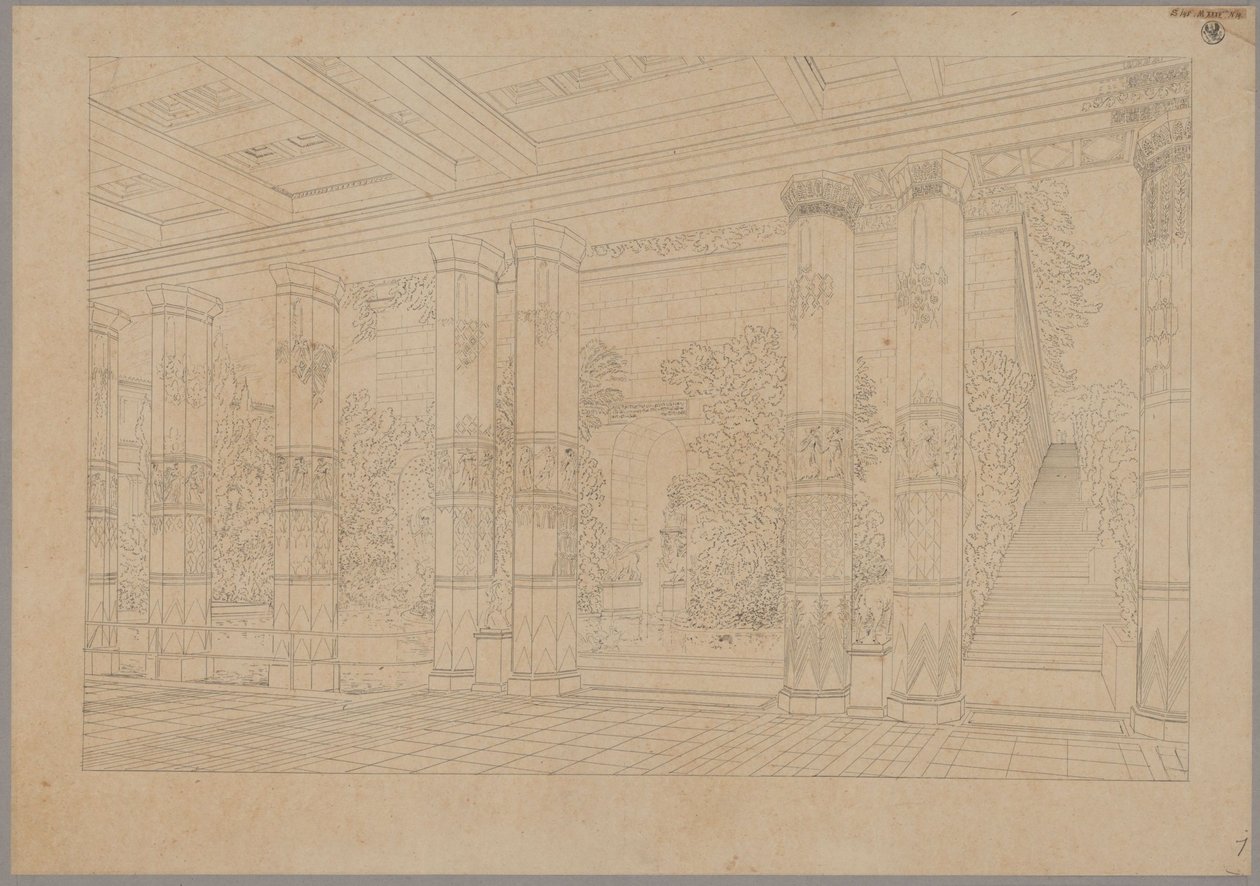 Az oriandai palota a Krímben. Antik terv. A császári udvar oszlopcsarnokának perspektivikus nézete medencével és múzeummal alkotó: Karl Friedrich Schinkel