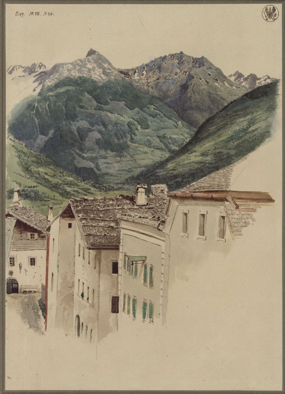 Utcaszakasz Hofgasteinben, kilátással a Hüttelkogelre, a Graukogelre, a Feuerseng-hegységre és a Gamskarspitze-re alkotó: Karl Friedrich Schinkel