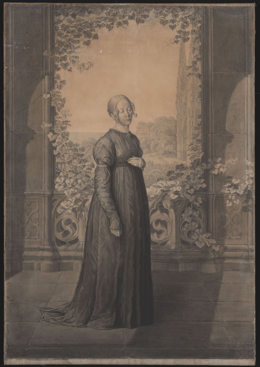 Susanne Schinkel régi német ruhában gótikus építészet előtt, a háttérben gótikus katedrálissal rendelkező tájjal alkotó: Karl Friedrich Schinkel