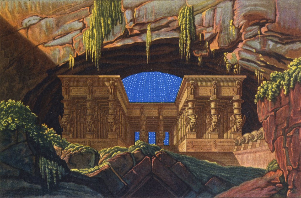 Ízisz és Ozirisz temploma, ahol Sarastro főpap teljesíti a „Die Zauberflote”-t alkotó: Karl Friedrich Schinkel