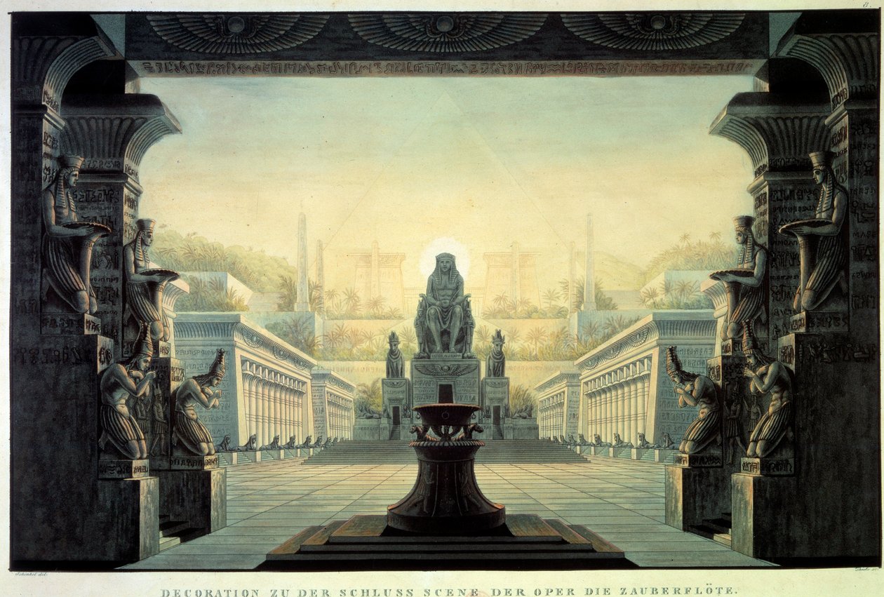Színházi dekoráció: Dekoráció Wolfgang Amadeus Mozart „La flute enchante (Die Zauberflote) című operájához, Emanuel Schikaneder librettójára. Karl Schinkel (1781-1841) rajza alkotó: Karl Friedrich Schinkel